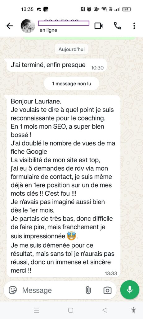 Résultat coaching SEO local témoignage WhatsApp 5 rendez-vous client